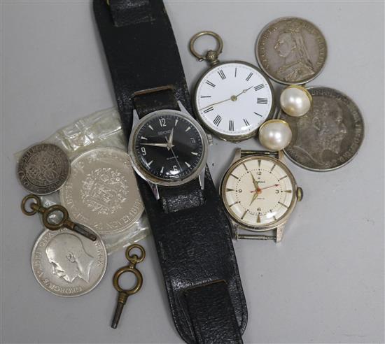 Two gentlemans wrist watches, a fob watch and mixed coins.